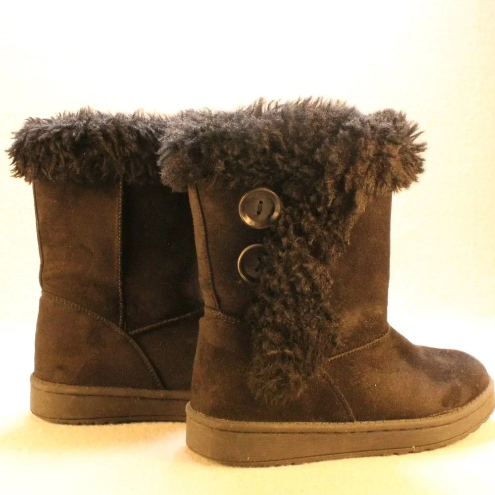 SO Abigail Girls Winter Boots Size 1 Black Faux Fur Cozy Slip On Warm Casual